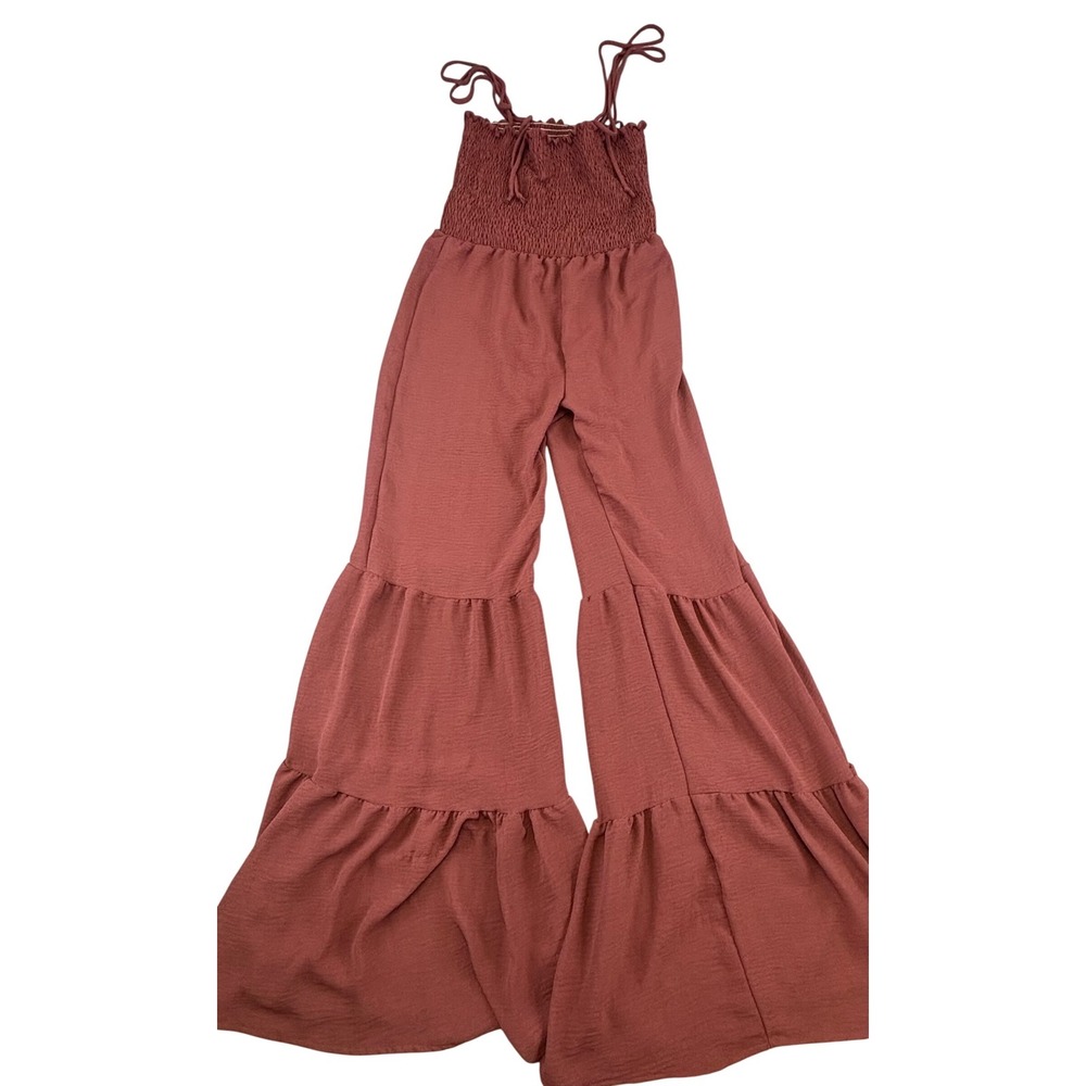 Wisteria Lane Rust Smocked Tiered Ruffle Wide Leg Jumpsuit Womens Large NWT